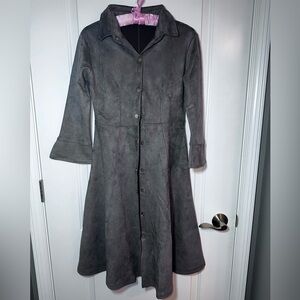 Lemon Curve Faux Suede Button Front Midi Dress Gray Dark Academia